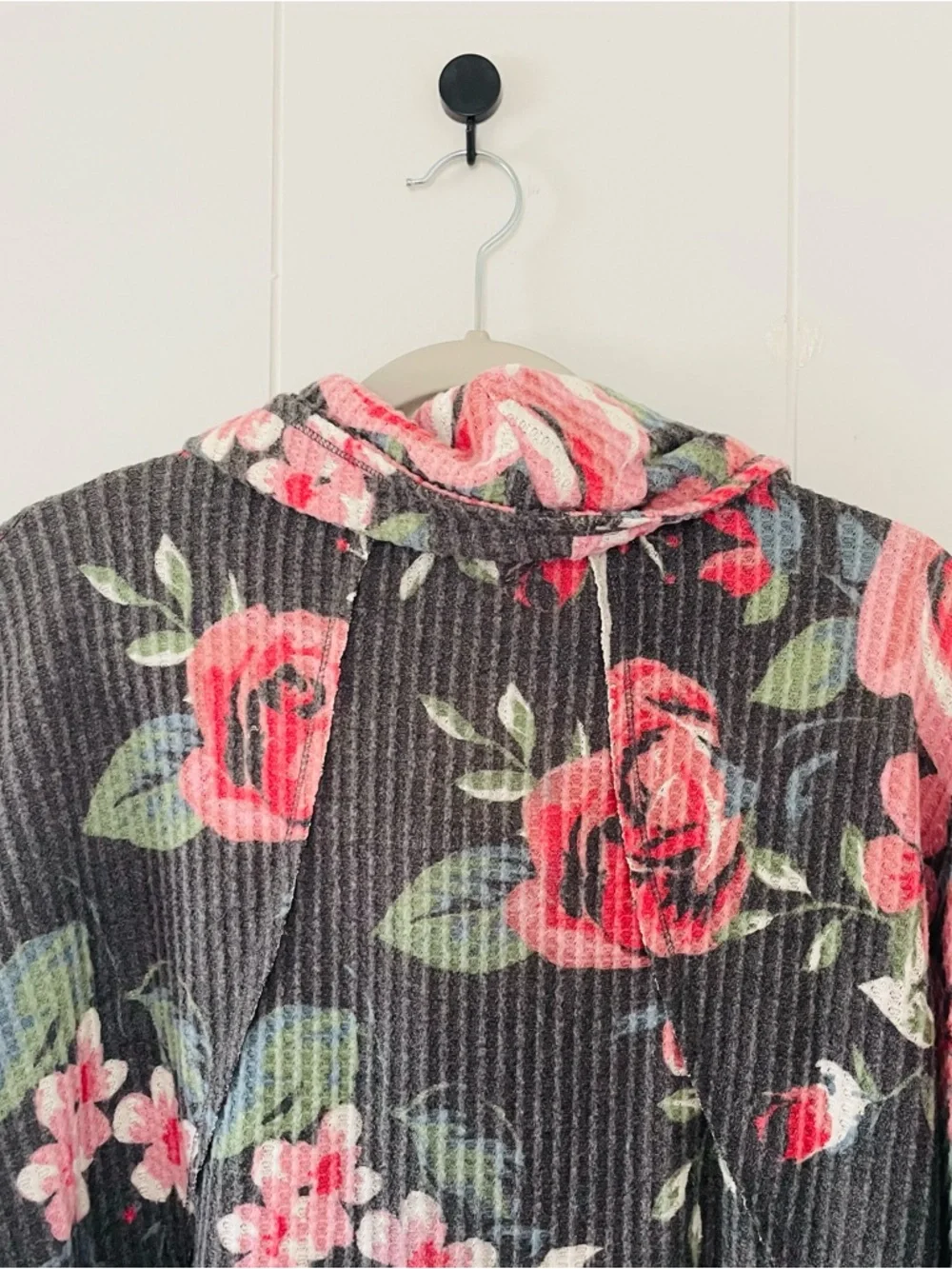LuLaRoe Charcoal Sweater with Pink Rose Print